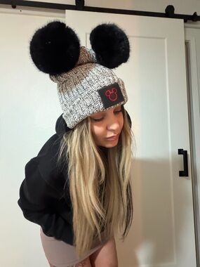 Love Your Melon Disney Gray Knit Beanie with Black Mickey Ears Pom Poms